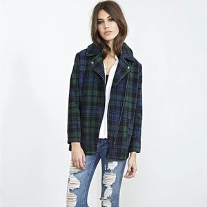Plaid Flannel Zip Moto Overcoat Jacket